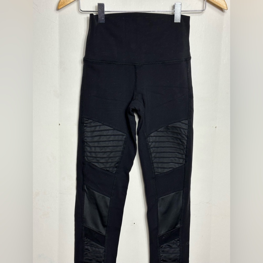 Alo Yoga Women's Ribbed Moto Mesh High Waisted Athletic BLACK Leggings XS
